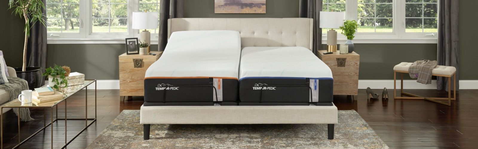 Tempur-Pedic mattresses on an adjustable base in a styled bedroom